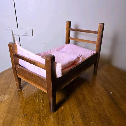 Vintage Wooden Doll Bed, 22" x 12" x 13", Ladder-Back, Pink Bedding