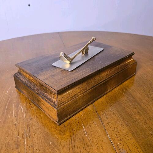 Wooden Valet Box with Brass Golf Club, 12"x7.5"x3.5", Velvet Lined, Removable Tray