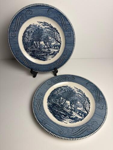 Set of 2 Currier & Ives &ldquo;The Old Grist Mill&rdquo; Blue Dinner Plates by Royal