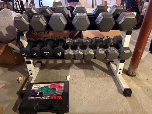 Hex Iron & Neoprene Dumbbell Set w/ Rack