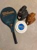 Tennis Racket, Leather Baseball Gloves and Frisbee