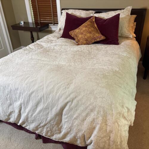 Queen Bed with Dark Wooden Headboard & Optional Tempurpedic Mattress and Bedding