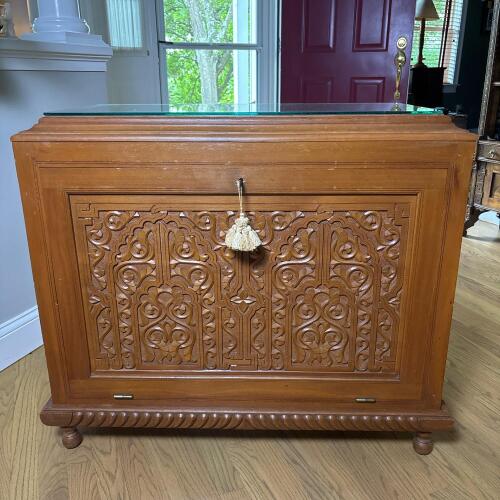 Ornate Hand-Carved Wood Storage Cabinet with Glass Top & Key, made in Morocco