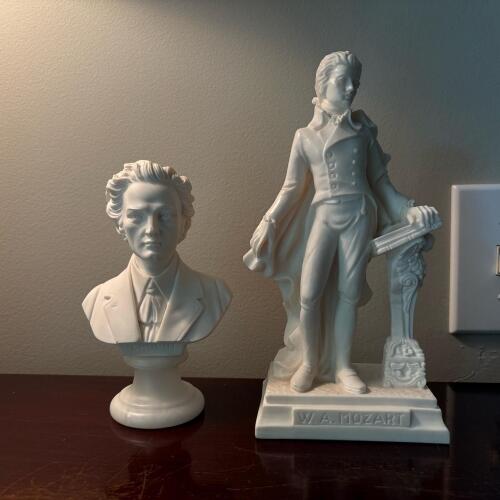 Pair of Figurines: Chopin Bust by Giannelli & Mozart Statue by Luchessi