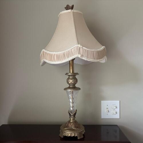 Vintage Metal & Glass Table Lamp with Pleated Cream Shade