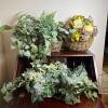 Three Artificial Ivy & Floral Arrangements in Wicker Baskets and Hogley Brass Planter