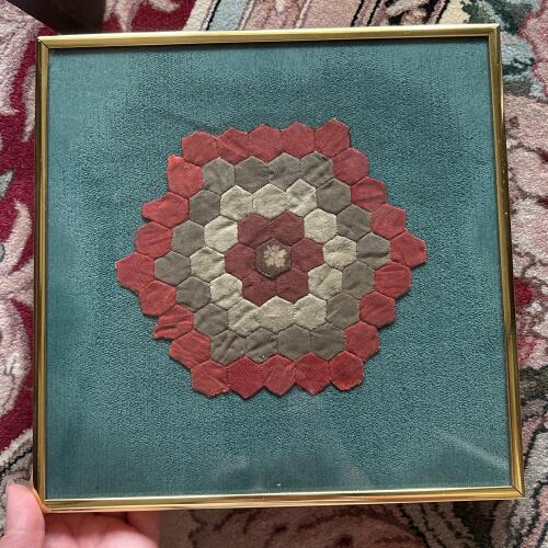 Framed Antique Quilt Fragment "Grandmother&rsquo;s Flower Garden Pattern," 10"x10"