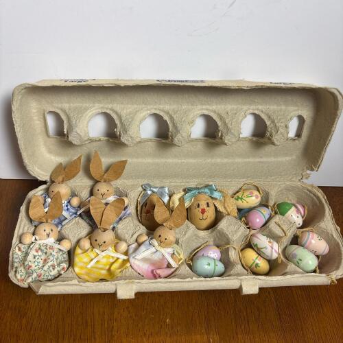 Wooden Easter Bunny & Egg Ornament Set