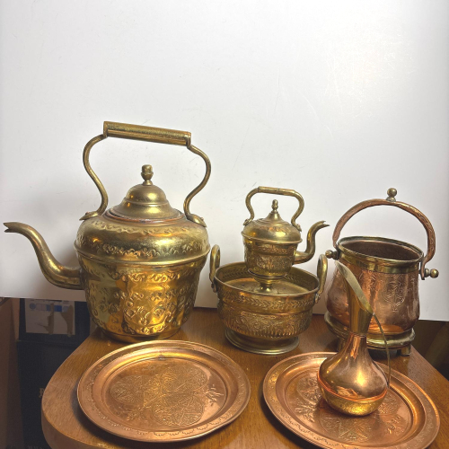 Middle Eastern Brass & Copper Tableware Lot &ndash; Engraved Teapots, Cauldron, Ewer, Decorative Plates