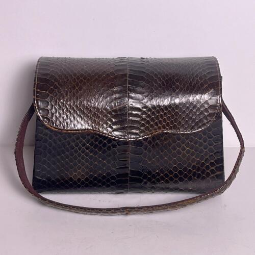 Vintage Dark Brown Snakeskin Textured Shoulder Bag
