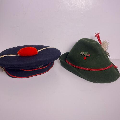 Traditional Bavarian Tyrolean Hat Green Wool w/ Pins & Feather + French Chasseur Alpins Beret