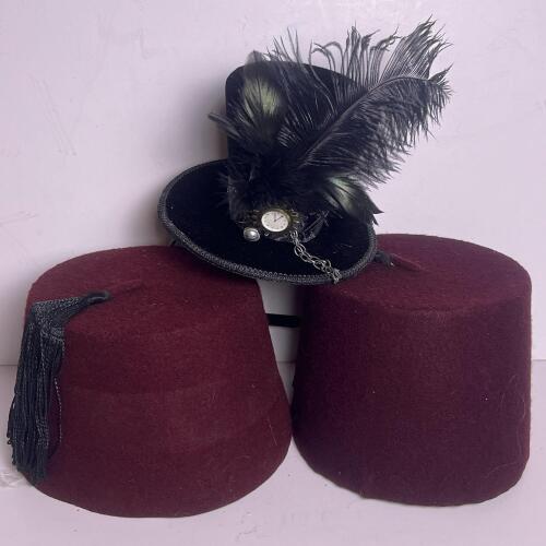 Assorted Hat Lot- Matched Pair Rex Fez Hats And Steampunk Mini Top Hat