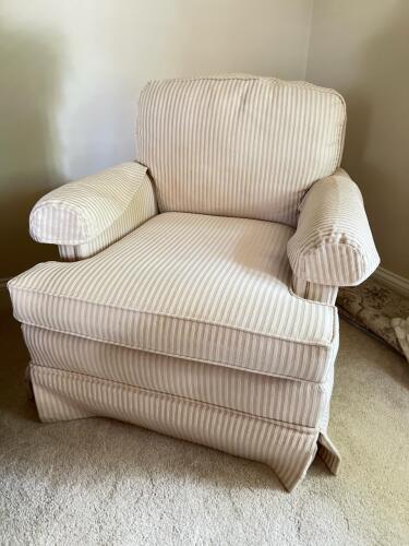 Pair of Thomasville Upholstered Striped Armchair Swivel Rockers