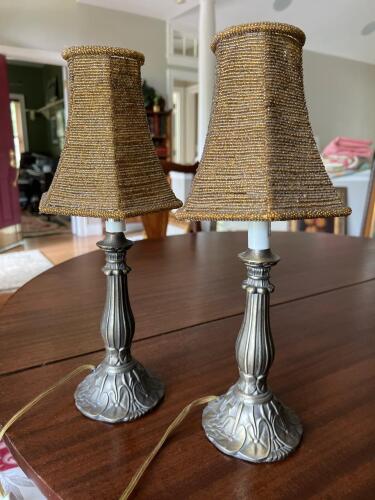 Pair Table Lamps with Beaded Gold Lampshades