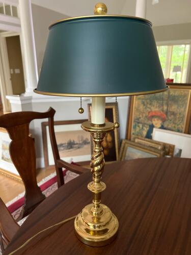 Brass Bouillotte Table Lamp with Green Metal Shade