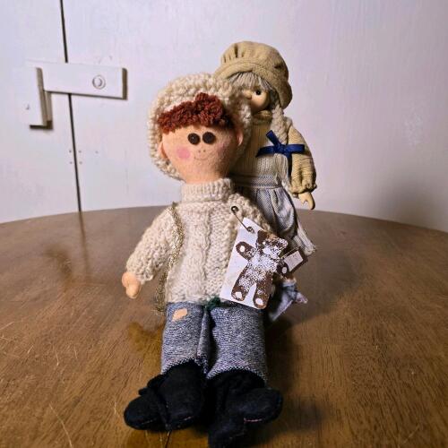 Pair of German Artisan Collector Dolls, 12 in, Mixed Textile & Yarn, Original Tags, Stands