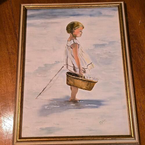 Original Painting by Jeanne Sylvia &ndash; Young Girl with Basket in Water, Signed, Framed 15.75 x 11.75 in