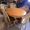 Farmhouse-Style Round Dining Table with Drawer and 5 Spindle-Back Chairs