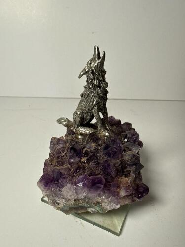 Metal Howling Wolf Figurine on Amethyst Crystal Cluster with Glass Base