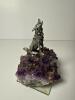 Metal Howling Wolf Figurine on Amethyst Crystal Cluster with Glass Base