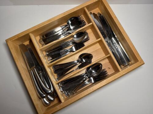 Stainless Steel Flatware Set with Wooden Organizer Tray