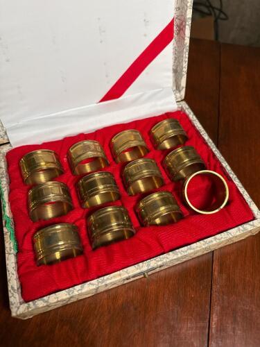 Vintage Brass Napkin Ring Set with Decorative Box