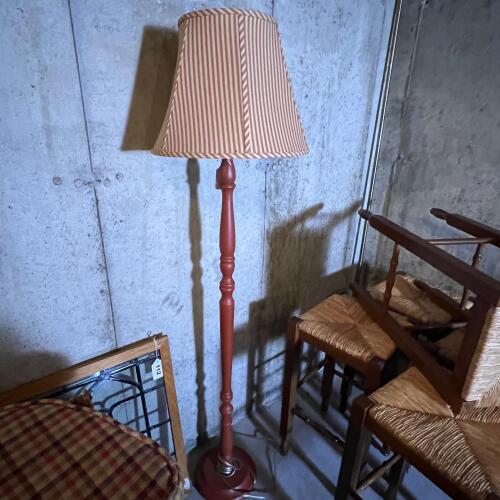 Wooden Floor Lamp with Red and Beige Striped Fabric Shade