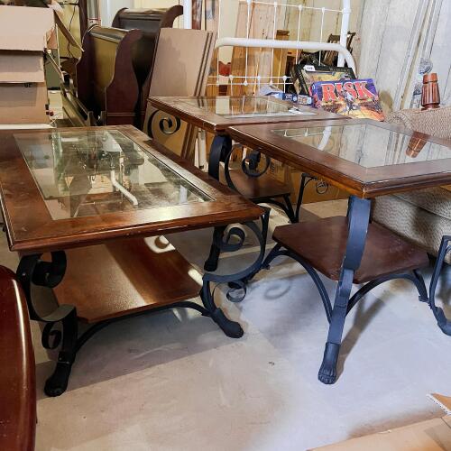 Ornate Scroll Iron and Wood Coffee Table and 2 End Tables