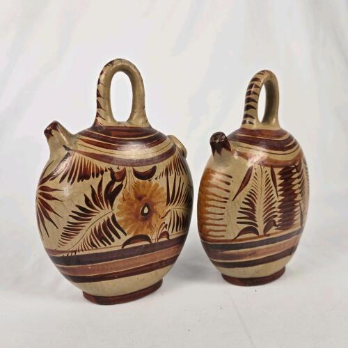 Vintage Pair of Hand-Painted Mexican Clay Folk Art Canteens