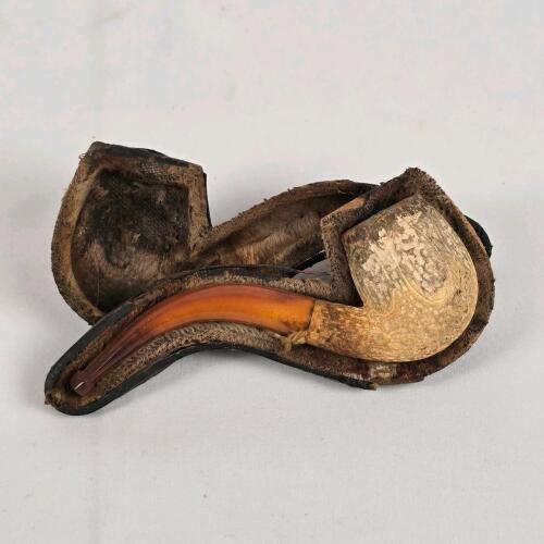 Antique Meerschaum Tobacco Pipe, Hand-Carved, Amber Stem, 5.5in, Original Fur-Lined Case