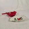 Lefton China 1207 Cardinal Holly Leaf Dish & Red Ceramic Cardinal Trinket Dish