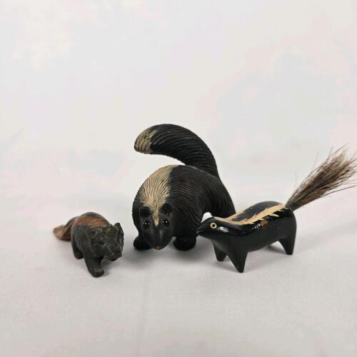 Vintage Hand-Carved Wood Skunk Figurine Set