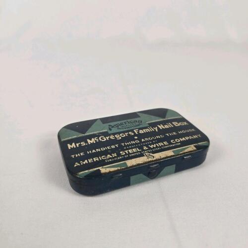 Vintage Mrs. McGregor's Family Nail Box by American Steel & Wire Co, Tin with Assorted Nails USA