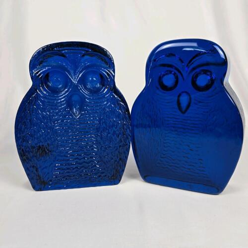 Vintage Blenko 6813 Pair of Cobalt Blue Glass Owl Bookends