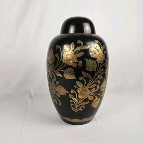 Vintage Indian Brass Urn Vase Black & Gold Floral,