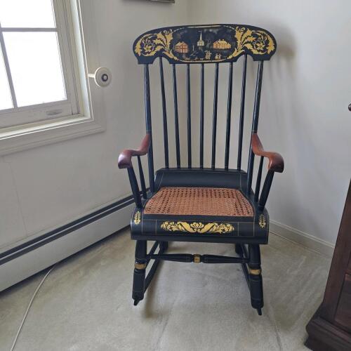 Hand-Painted Hitchcock-Style Rocking Chair, Cane Seat, Black & Gold Village Motif