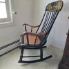 Hand-Painted Hitchcock-Style Rocking Chair, Cane Seat, Black & Gold Village Motif - 2