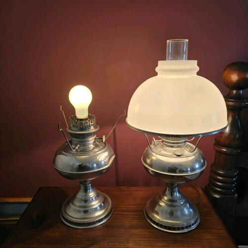 Pair of Rayo Nickel-Plated Electrified Oil Lamp Table Lamps