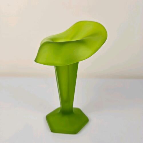 Green Satin Art Glass Vase with Freeform Rim & Hexagonal Base