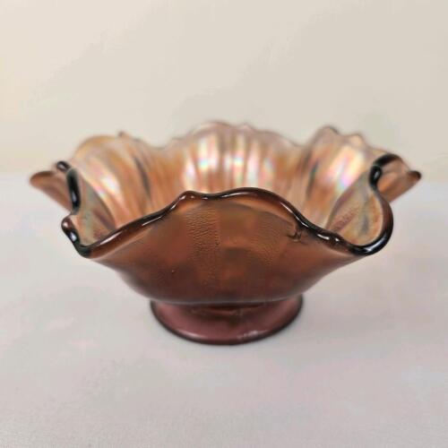 Vintage Marigold Carnival Glass Ruffled Bowl, 9" Diameter, Footed Base, Iridescent Finish