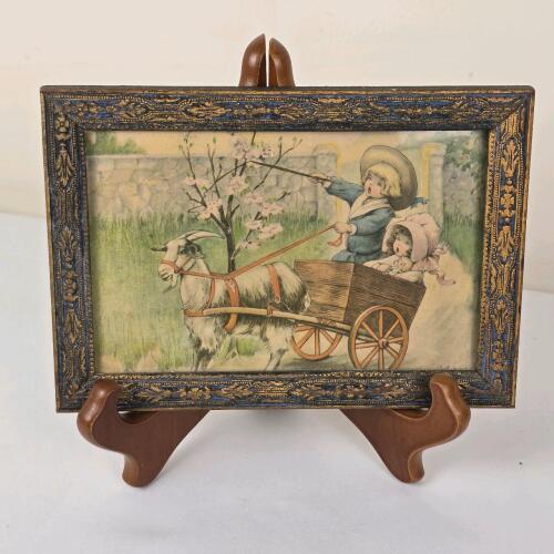 Vintage Framed Children's Goat Cart Print 7"x9"