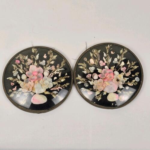 Vintage Shell Art Wall Plaques Pair, Floral Bouquet