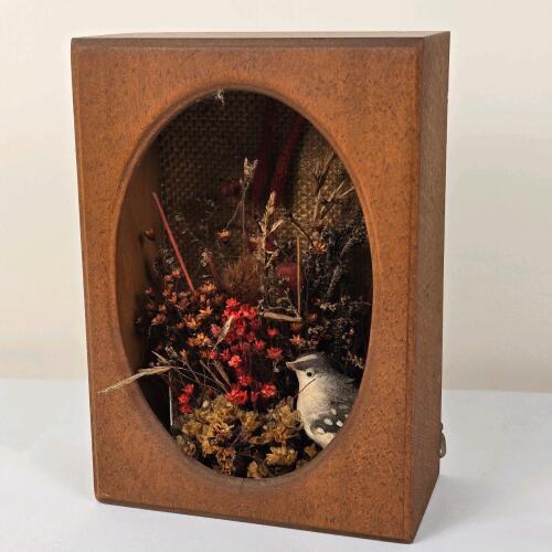 Vintage Wooden Shadow Box Diorama with Dried Flowers and Bird Figure