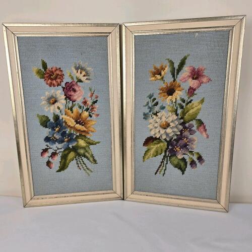 Vintage Pair Floral Needlepoint Wall Art Framed 20"x10"