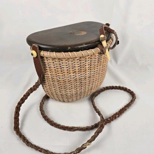 Vintage Woven Fishing Creel Basket, Wood Lid, Braided Leather Strap, Peg Closure,