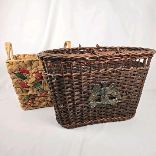 Vintage Wicker Bicycle Basket with Eagle Emblem
