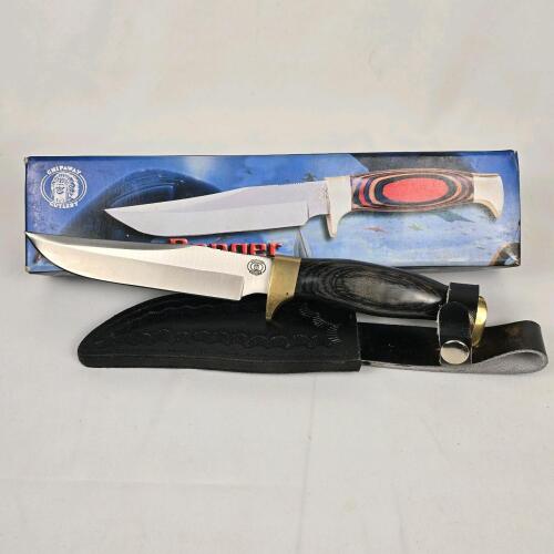 Chipaway Cutlery Fixed Blade Hunting Knife Black Wood Handle Brass Guard w/ Sheath