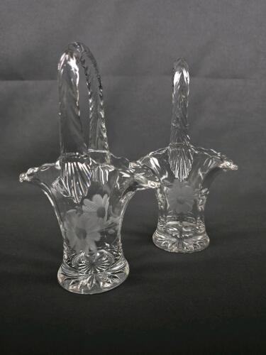 Pair of Clear Pressed Glass Baskets with Floral Etching