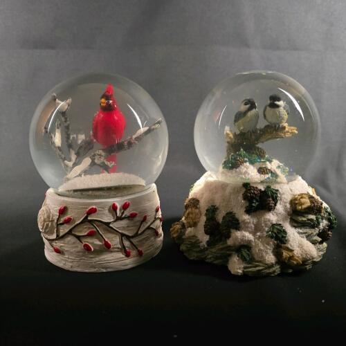 Pair of Musical Snow Globes, Cardinal & Chickadee