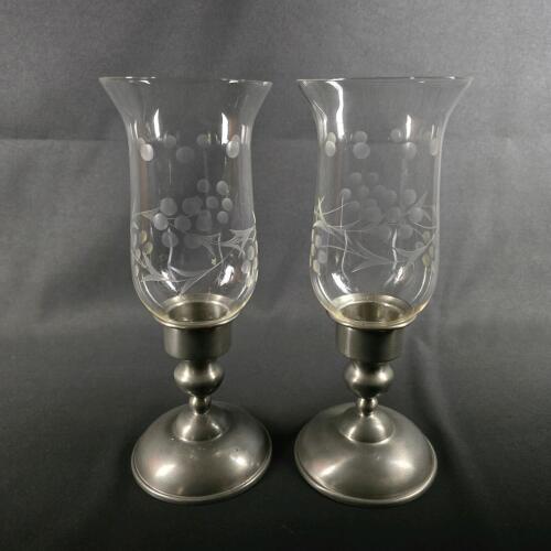 , Vintage Hanley Aluminum Hurricane Candle Holders with Etched Glass Shades